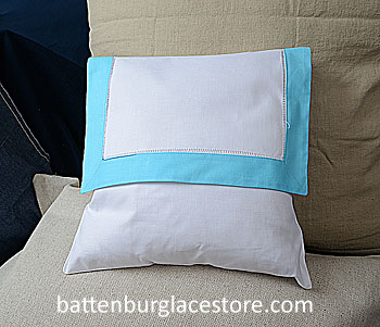 Envelope Pillow. 12 inches. White with AQUA BLUE color border.
